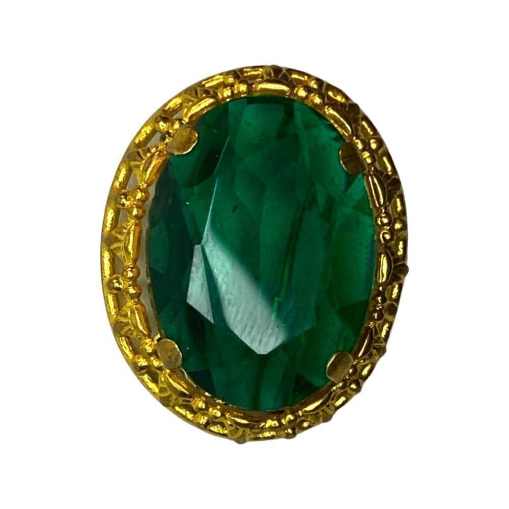 Brooch – Vintage 1940s Gold-Tone Filigree Oval with Emerald Rhinestone